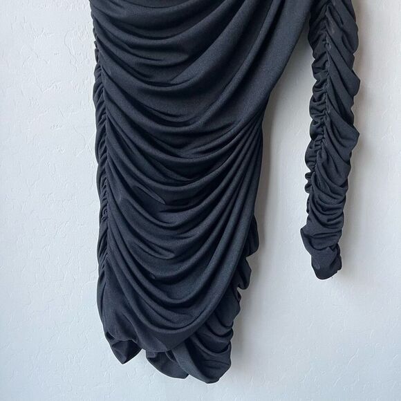 Aliette Black Ruched Bodycon Cut Out Mock Neck Long Sleeve Mini Dress Size 4 - Picture 4 of 11